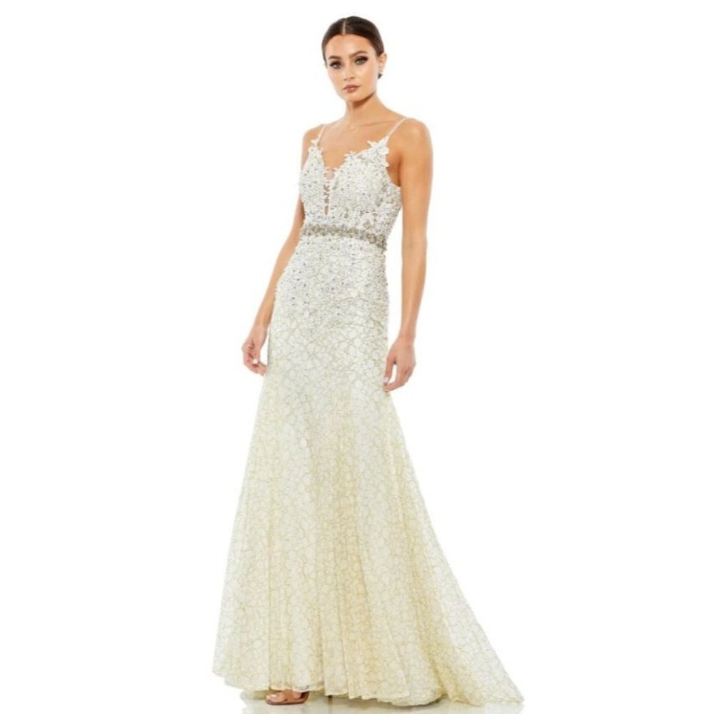 Mac Duggal 79341 Trumpet Gown Maxi Ivory Formal Plunge Neck Size 0 NEW $798